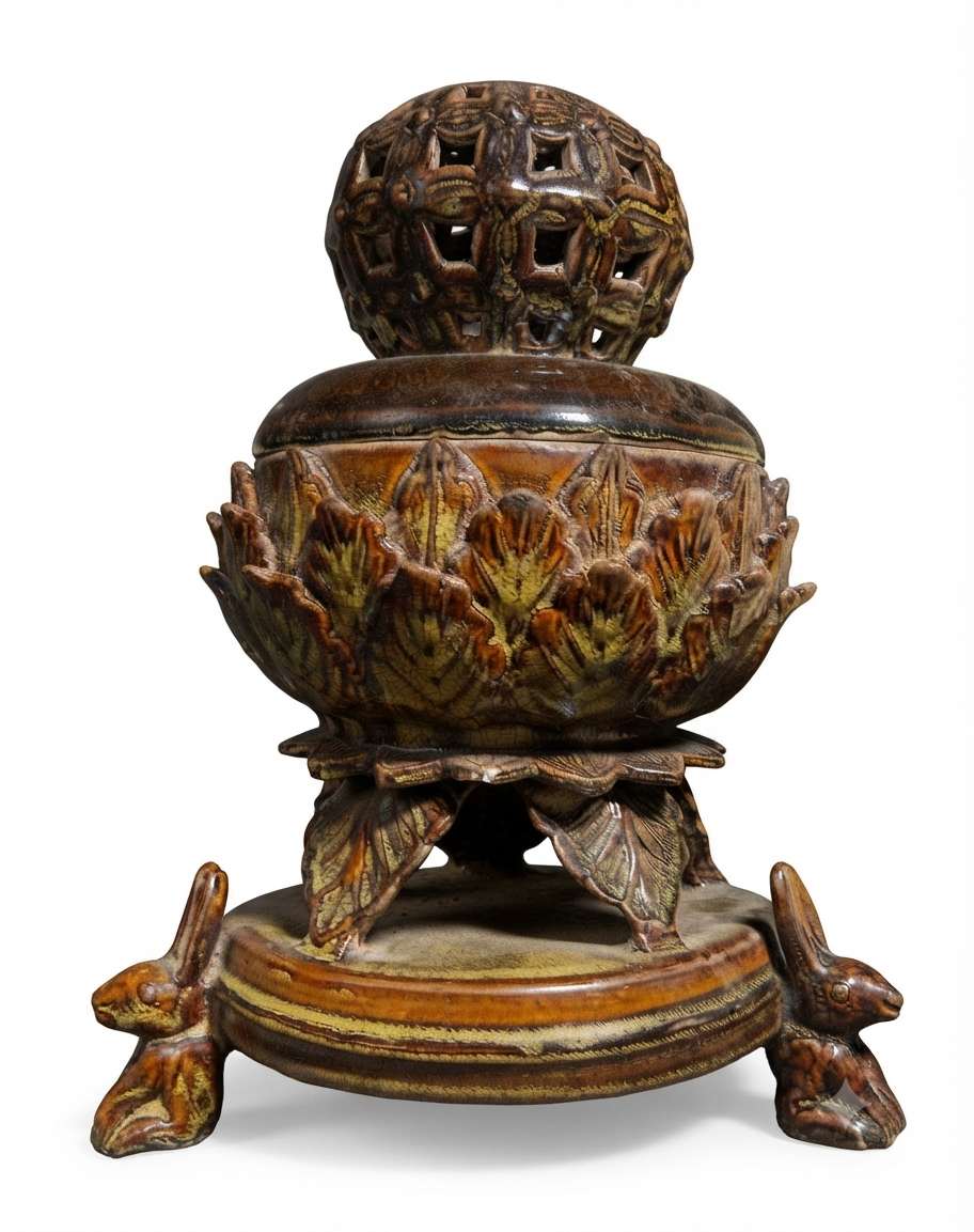 황갈유각화연화문토끼받침 향로 (Amber-glazed Incense Burner with Lotus and Rabbit Base)